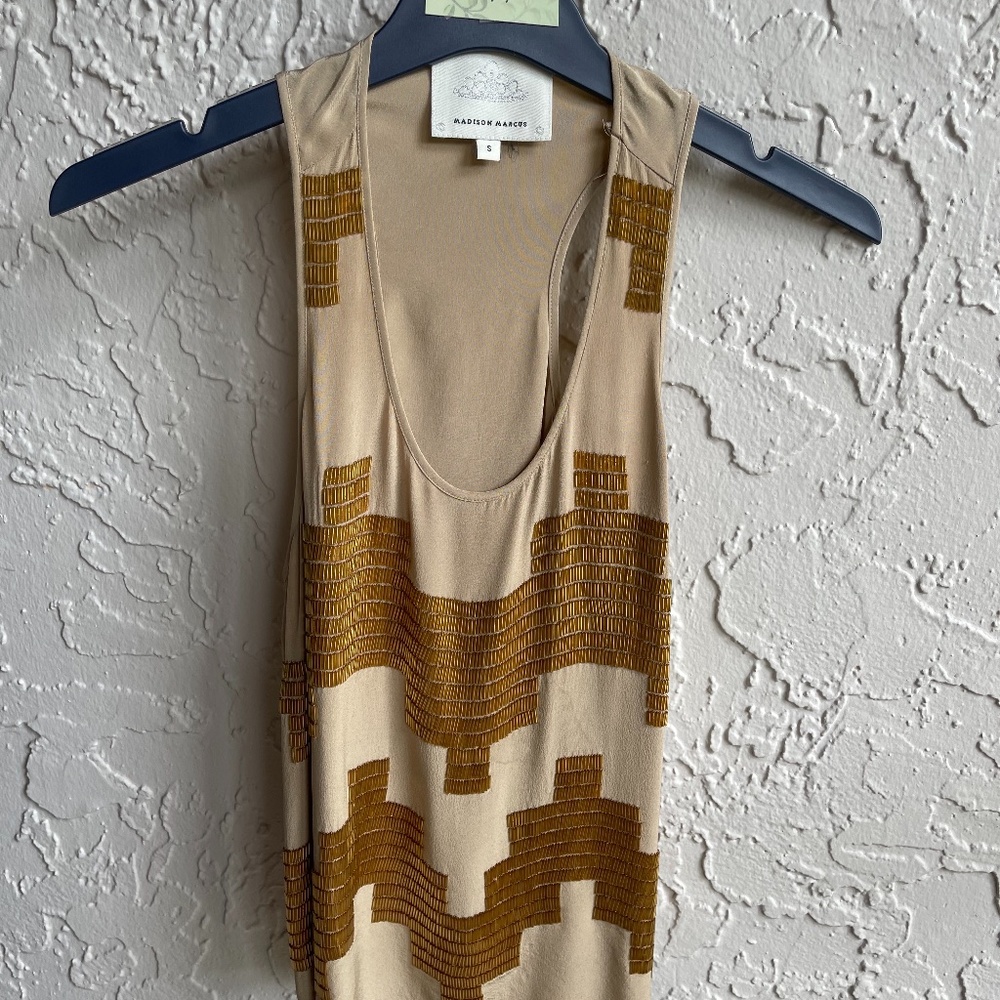 Madison Marcus S Tan 100% Silk Sleveeless with gold rhinestones.